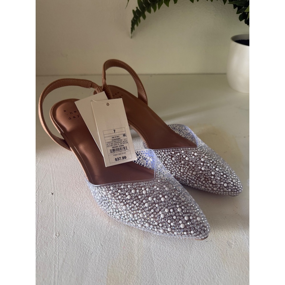 A New Day Isabel Rhinestone Pearl Slingback Kitten Heel Pumps Clear Tan Size 7